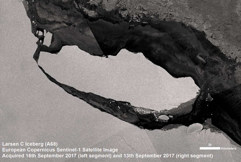 Der Eisberg, der sich vom Larsen C Eisschelf gelöst hatte, war einer der grössten in den letzten Jahren. Er hinterlässt ein fast 6‘000 km2 grosses eisfreies Gebiet am Meeresboden. Bild: BAS