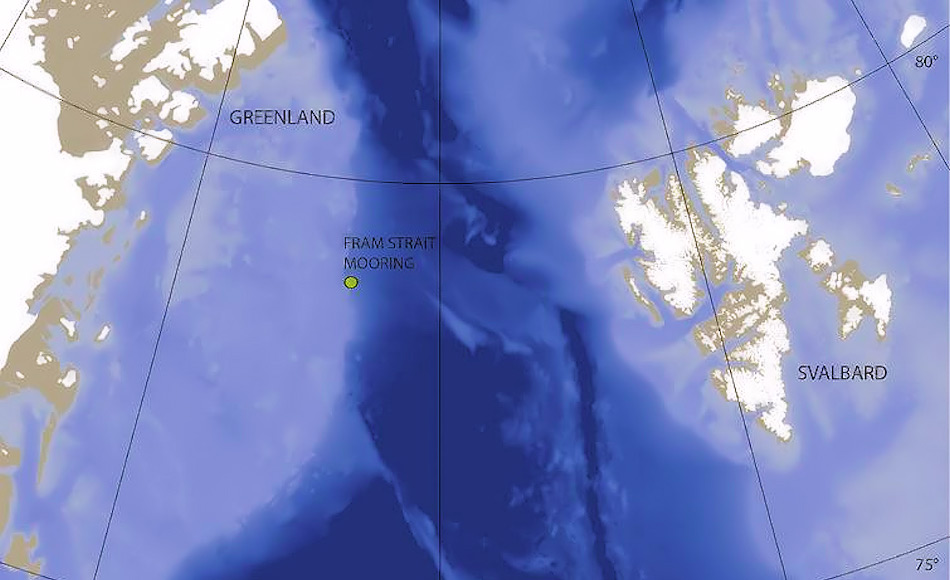 Die Karte der Framstrasse zeigt den Standort des Hydrophons zwischen 2010 – 2014. Das Hydrophon wurde in rund 80 Meter Tiefe gesetzt und verankert. Dort ist das Meer mehr als 1'000 Meter tief. Karte: Kate Stafford, Universität Washington