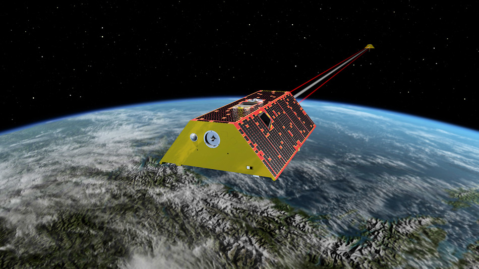 Die Illustration zeigt, wie die beiden Satelliten hintereinander über die polaren Regionen kreisen werden und entsprechend in Verbindung stehen. Bild: NASA/JPL-Caltech