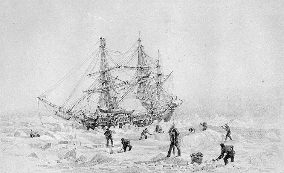 Die HMS Terror war eine Bombarde und wurde 1812-13 gebaut. Nach ihrem Dienst als Kriegsschiff wurde sie umgebaut und als Polarexpeditionsschiff genutzt. Sie war 31 m lang, hatte sowohl Segel wie auch einen 30 PS-Dampfantrieb, einen Eisen-verstärkten Bug und eine Besatzung von 67 Mann. Bild: National Archives of Canada